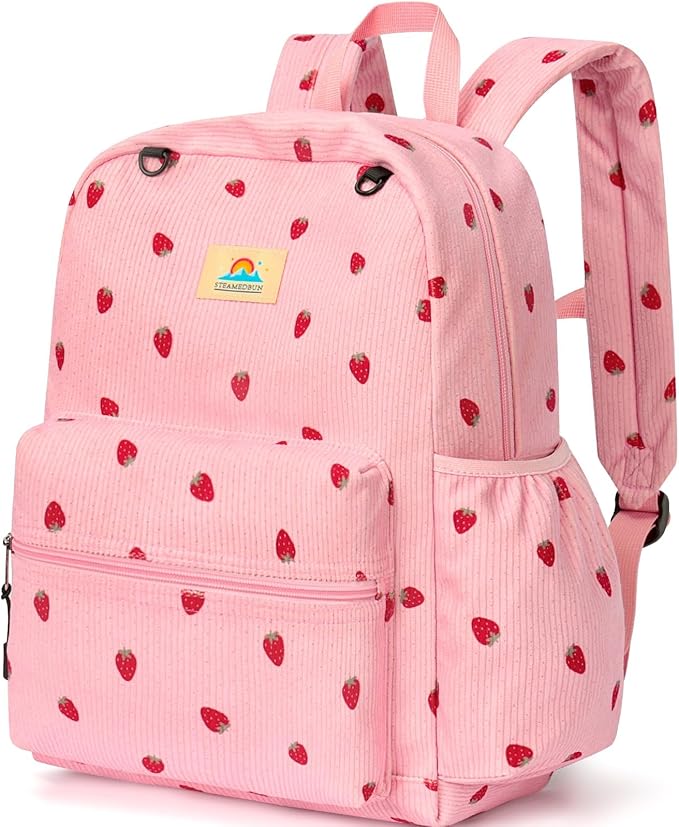 STEAMEDBUN Corduroy Kids Backpack for Girls and Boys 5-8: Girls Backpack for Elementary Kindergarten - 15 inch Cute Backpacks for Kids - Strawberry