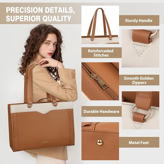 RAINSMORE Laptop Bag for Women 15.6 Inch Work Tote Bag with Detachable Strap & Bow Professional Laptop Tote with Cup Holder