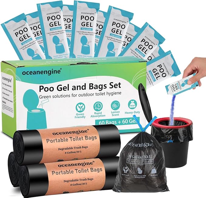 oceanengine Portable Toilet Bags Poo Gel Set, 8 Gallon Camping Toilet Bags with Portable Toilet Absorbent Gel, Compostable Portable Potty Bags for Camping Outdoor Hiking