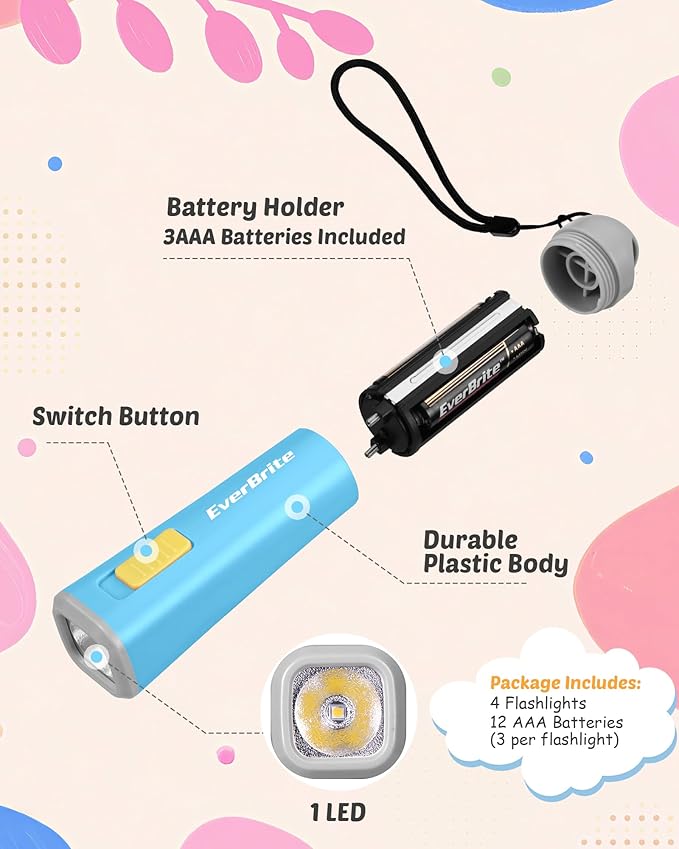 EverBrite 4-Pack Mini LED Plastic Flashlights, Assorted Colors Portable Torch Lights with Lanyard, Small Flashlight for Emergencies and Camping, 3 AAA Batteries Included