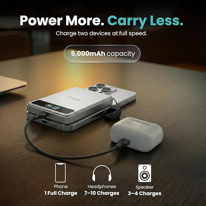 5K Magnetic Power Bank, Silver, Qi2 Certified 15W Wireless Charger, LCD Display, Ultra-Slim Solid-State Battery Pack for iPhone 17/16, Lightweight Travel, Everyday Use USB-C Portable Charger