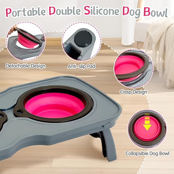 PINVNBY Elevated Dog Bowls Portable Raised Dog Bowl Stand with 2 Collapsible Silicone Food Bowl Non-Slip Travel Bowls for Small Dogs and Cats (14.6" L x 3.9" W x 3.9" H)
