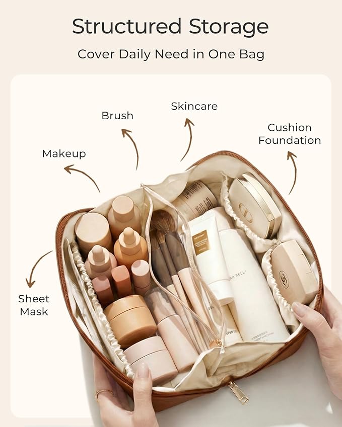 BAGSMART Makeup Bag Travel Cosmetic Bag, Large Make Up Bag Flat Open Toiletry Bag for Women, Waterproof PU Leather Travel Essentials Organizer Case, Wide-open Pouch Purse for Skincare, Brushes, Pink