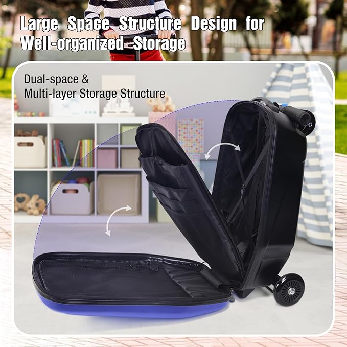 2-in-1 Ride-On Scooter Suitcase, 20” Foldable Hardshell Carry-On Luggage for Travel, Lightweight Kids Scooter Bag with Wheels