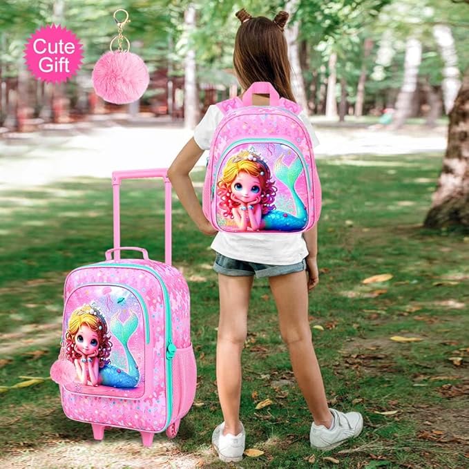 2Pcs Kids Suitcase for Girls, Carry on Rolling Luggage with Wheels, Mermaid Travel Suitcases Set with Toddler Backpack(Pink)