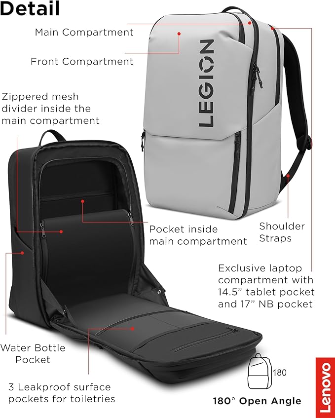Lenovo Legion Gaming Laptop Backpack GB800, 21L Capacity, Fits 17-inch Laptops, Water Resistant, Three Main Compartments & 19 Specialiized Pockets, Light Grey