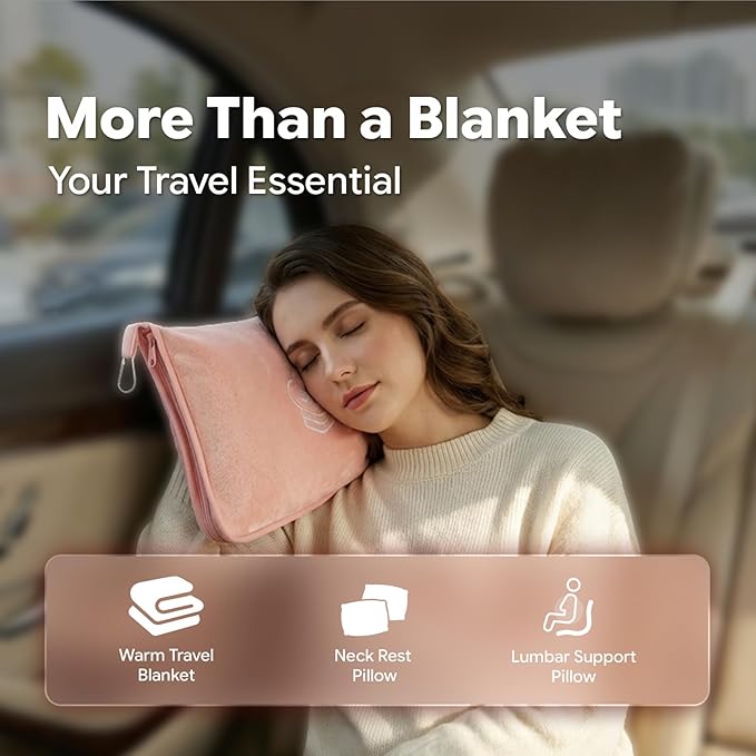 Travel Blanket, Soft 2-in-1 Airplane Blanket, 65x40 Inches, Travel Blanket Airplane Compact with Bag, Car Blanket with Luggage Sleeve & Backpack Clip (Peachy Pink)
