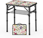 YihuiKo Small Camping Table, Vintage French Flowers Pattern Folding Table, Adjustable Height, Lightweight & Portable Outdoor Picnic Table with Carry Handle for Patio, Living Room, Travel