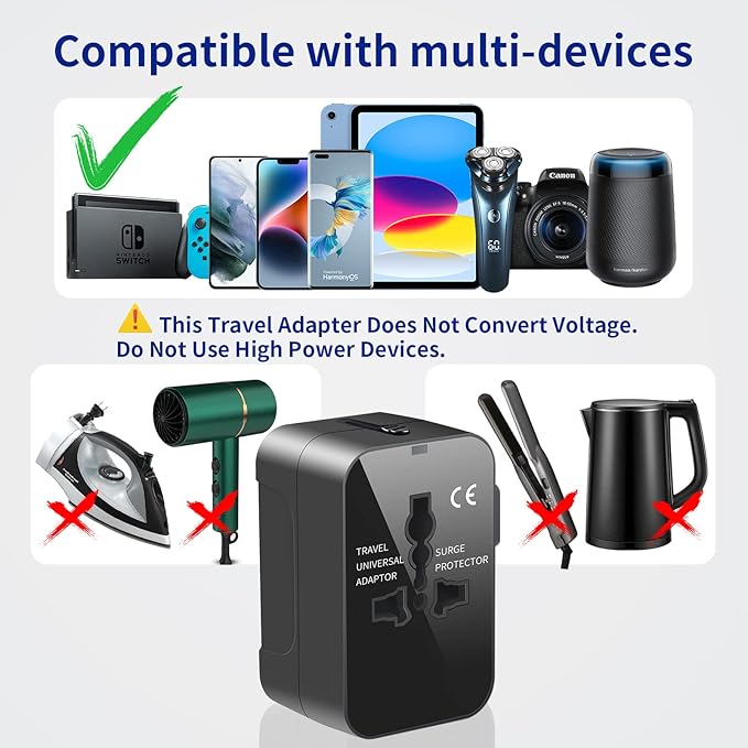 Universal Travel Adapter Worldwide, GaN Fast Charging with PD 3.0 USB-C & USB-A Quick Charge Ports, All-in-One International Power Plug Adapter Converter AC Wall Charger for EU USA UK AUS Bright Black