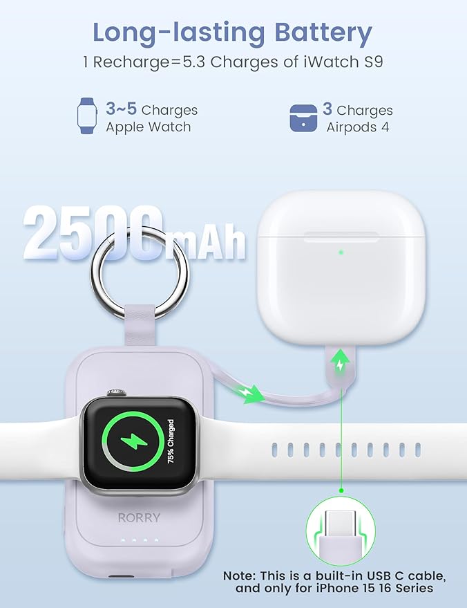 RORRY CharmGo for Apple Watch Charger, 2500mAh Fast Charging Portable Charger for iWatch, Travel Charger with Built-in USB C Cable for Apple Watch Ultra Series 9 8 7 6 5 4 3 2 SE Accessories, Purple