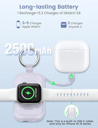 RORRY CharmGo for Apple Watch Charger, 2500mAh Fast Charging Portable Charger for iWatch, Travel Charger with Built-in USB C Cable for Apple Watch Ultra Series 9 8 7 6 5 4 3 2 SE Accessories, Purple