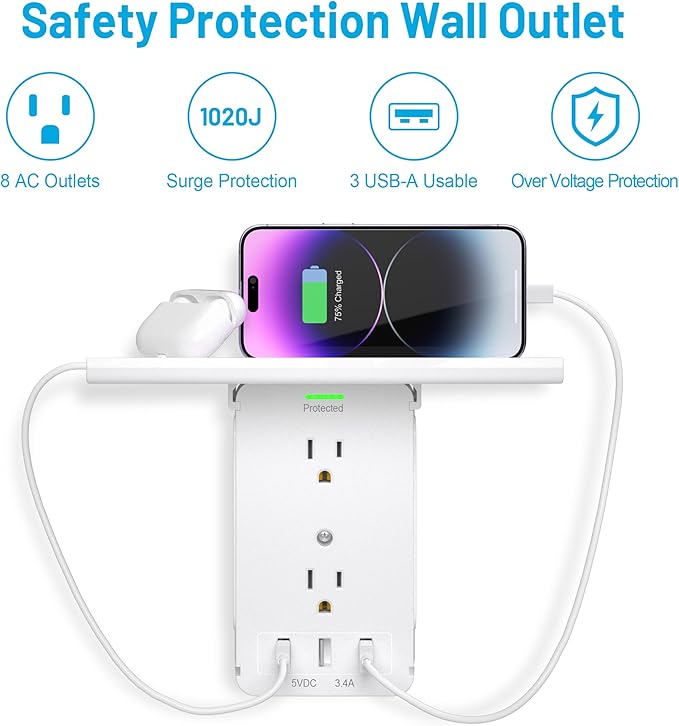 2 Packs 11 Port Surge Protector Wall Outlet,8 Electrical Outlet Extenders and 3 USB Ports 3.4A,with Removable Built-in Shelf，FCC Listed,White