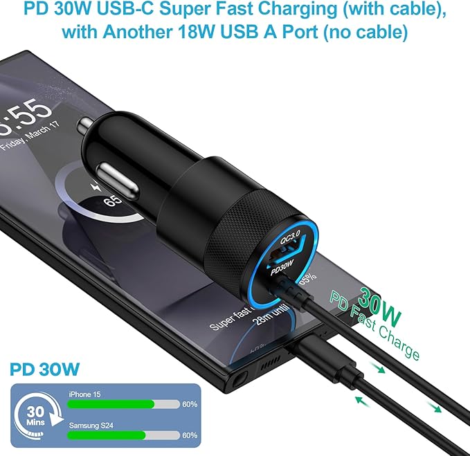 for Samsung S26+ S26 Plus Ultra, Fast Car Phone Charger Adapter Vehicle Auto Automobile Plug for Galaxy S26 S25 FE S25+ S24 S23 S22 S21 S20, A17 A56 A36 A26 A16, USB C Car Charging 3FT/6FT Cable Cord