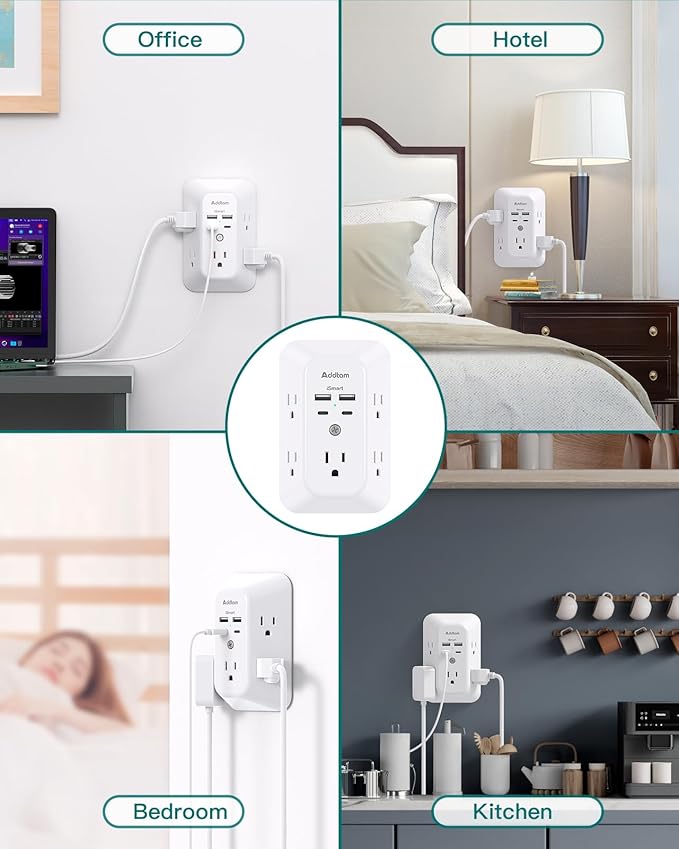 Addtam USB Wall Charger Surge Protector, 5 Outlet Extender with 4 USB Charging Ports 3 Sided 1800J Power Strip Multi Plug Outlets, Wall Adapter Spaced for Home Office, PD 20W