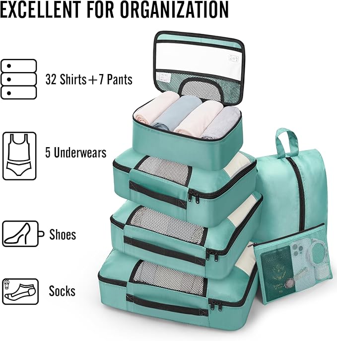 8 Set Packing Cubes for Travel Essentials, Suitcase Organizer Bags in 4 Sizes, Carry-On Luggage Accessories with Laundry Bag, Airplane Must Have, Gifts for Women Men