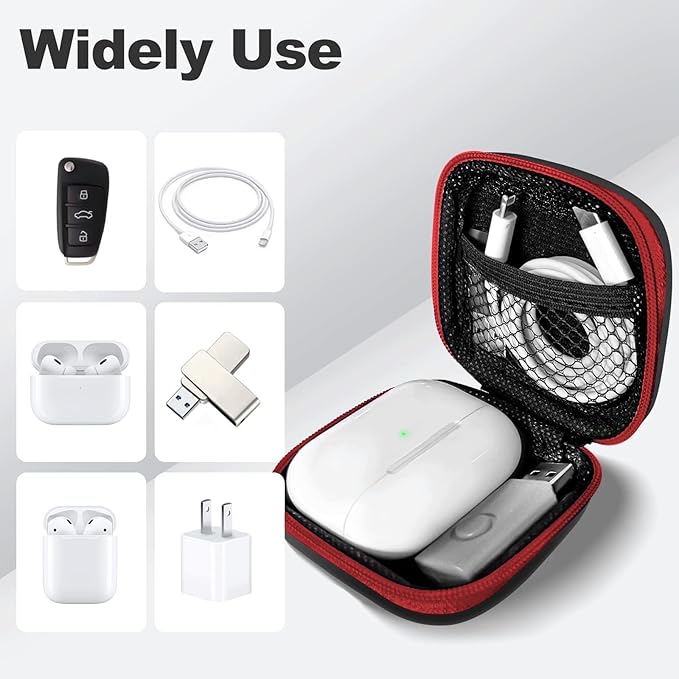 Square Earbud Case Portable EVA Carrying Case Storage Bag Cell Phone Accessories Organizer with Carabiner for Earphone, Earbud, Earpieces, SD Memory Card, Camera Chips, Tech Pouch, Red