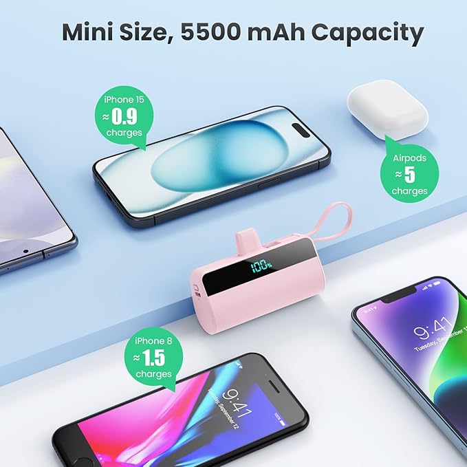 Small Portable Charger for iPhone with Built in USB C Cable, 5500mAh Mini Power Bank 20W PD Fast Charging, LCD Display Battery Pack for iPhone 17/16/15/14/13/12/11/X/8/6 Series Android Galaxy (Pink)