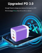 USB C Wall Charger, AILKIN 3Pcs 20W PD + QC3.0 USBC Charger Block Super Fast Power Output Rapid Charging Box Wall Plug Cube for Apple iPhone, Samsung Galaxy, Motorola, LG, Google Pixel - Purple