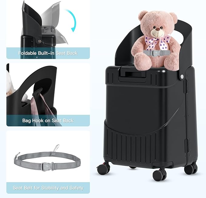 advwin 22" Ride On Luggage with Seat for Kids & Adults, Lightweight Hardside Ride-On Suitcase with Front Opening, TSA Lock, 360° Spinner Wheels, Black