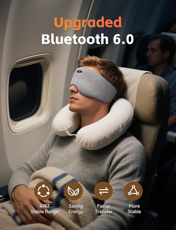 Sleep Mask with Bluetooth 6.0 Headphones, 20H Playtime Sleeping Headphones for Side Sleepers, Adjustable Blackout Eye Mask for Travel Meditation, Noise-Reducing Sleep Mask Gifts for Women Men, Gray