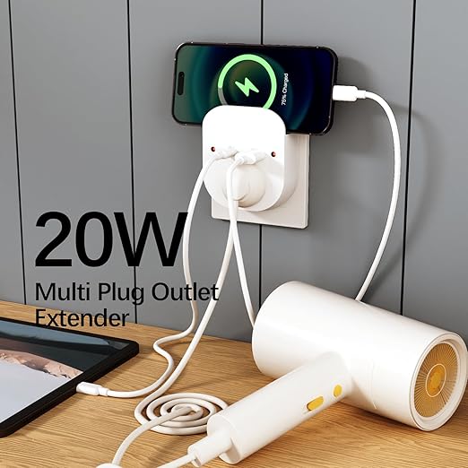 2 Pack Outlet Extender, Outlet Splitter Wall Outlet with PD 20W Type-C，USB Ports，1 Outlet , Wall Plugs for Outlets No Surge Protector Extension Plug for Cruise Ship, Home, Office, ETL Listed