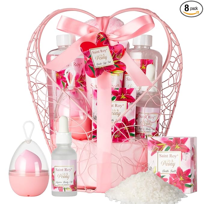 Mothers Day Gifts for Mom Gifts Basket Christmas Gifts for Women Spa Set Lily & Peony Home Spa Set, Beauty Personal Care Set Jojoba Oil, Spa Self Care Kit, Bath Body For Thank You, Birthday