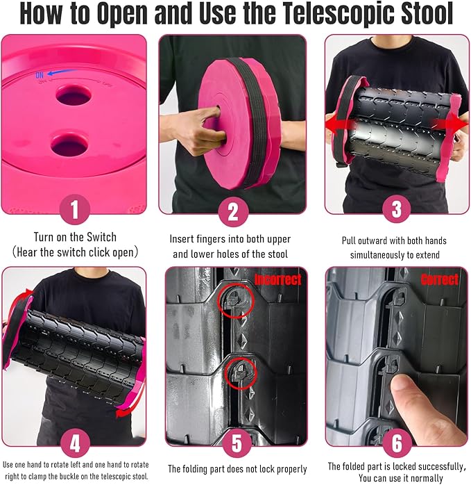 Doseno Upgraded Foldable Stool Thickened, Portable Collapsible Stool Retractable Stool for Fishing, Hiking Tours, BBQ, Parties, Outdoor Activities（Pink）
