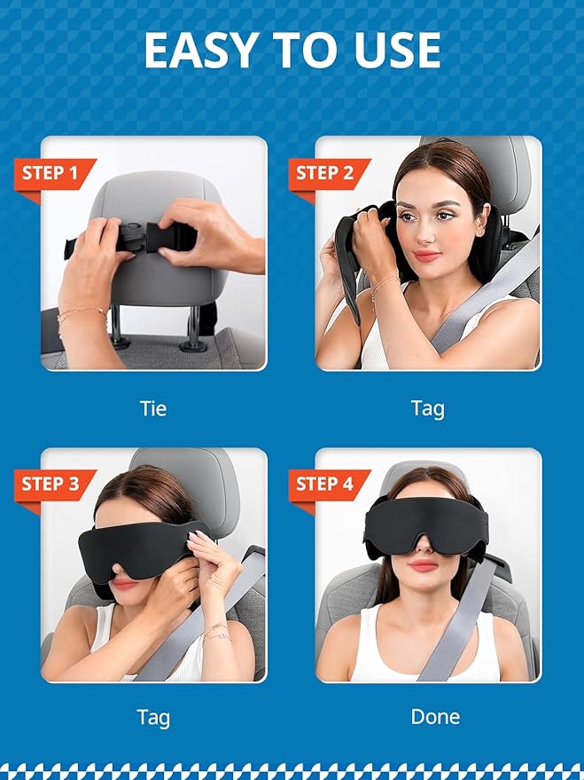 SARISUN Travel Pillow, Car Travel Pillow with 3D Eye Mask for Sleep, 360° Head Support Strap for All Car Seat, Road Trip Essentials, Stop Bobblehead, Black