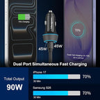 2 Pack 90W USB C Car Charger Super Fast Charging for iPhone 17 Pro Max/Air/16/15/iPad, Samsung S26 Android Phone, Dual 45W PD Port Auto Accessories, 12V Cigarette Lighter Adapter + 5 ft Type C Cord