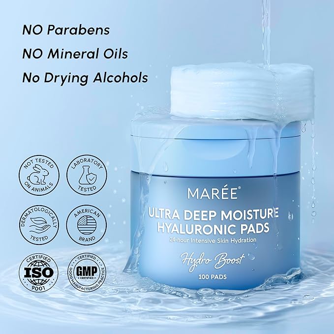 MAREE Hyaluronic Acid Toner Pads - Hydrating Face Wipes for Women Cleansing - Zero Pore Toning Brightening Exfoliating Face Pads - Pore Reducer Facial Peels - Acne Treatment Device