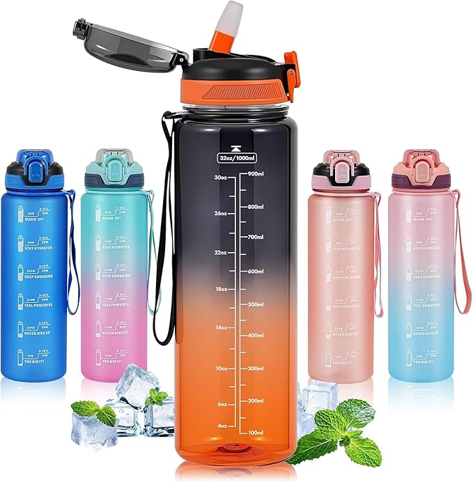 Water Bottle with Straw 1L,Boys Water Bottles with Straw 1 Litre,Waterbottle Leak-Proof Sports Water Bottle,Plastic Drinks Bottles Toxin Free，Bpa-Free (Black Orange)