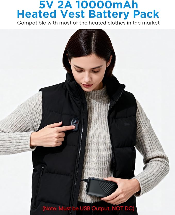 Heated Vest Battery Pack,10000mAh 5V 2A Power Bank Specially Designed for Heated Jacket, Heated Clothes,Heated Coat,Heated Pants.