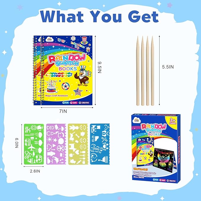 ZMLM Scratch Paper Art-Crafts Gift: 2 Pack Rainbow Notebooks Supplies Independence Day Toys for 3 4 5 6 7 8 9 10 Years Old Girls and Boys Kids Birthday Party Travel Games July 4