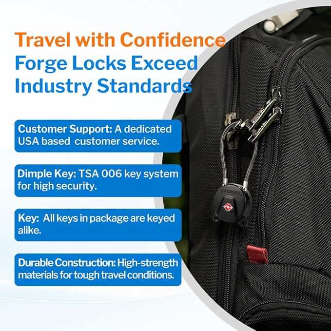 Forge TSA Approved Luggage Locks Ultra-Secure Dimple Key Cable Locks for Travel with Zinc Alloy Body- 6 Black Locks
