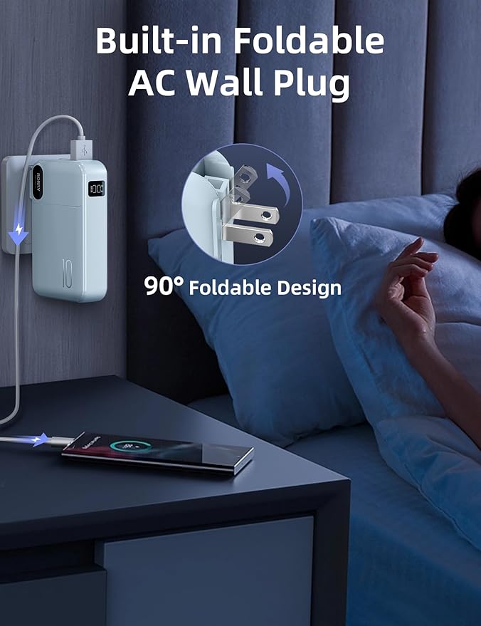 RORRY Portable Charger Built in Cables, AC Wall Plug in Portable Charger Power Bank 10000mAh Travel Battery Pack 22.5W Fast Charging for iPhone 17/16/15 Samsung Galaxy S25/S24/S23 Pixel LG iPad, Blue