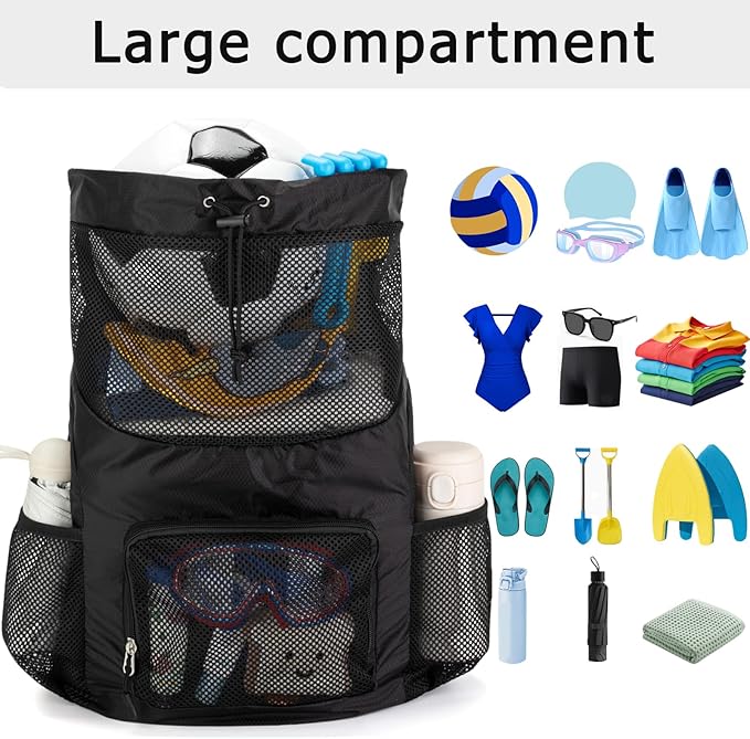 Swim Bag for Kids Mesh Beach Backpack for Boys Lightweight Drawstring Beach Bag Swimming Pool Sports Gym String Bag (Black)