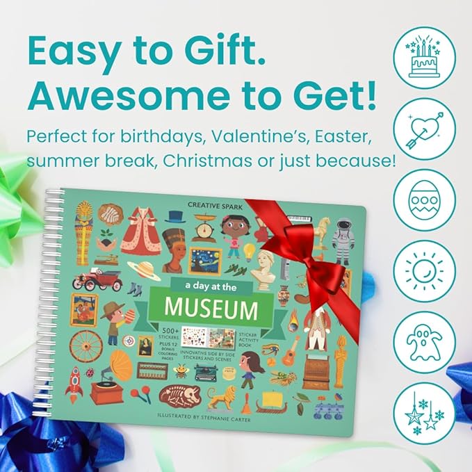 CUPKIN A Day at The Museum 500+ Kids Sticker Book Fun Toddler Travel Activity Coloring and Sticker Book, Road Trip Essentials, 12 Coloring Pages + 12 Scenes for Ages 2–8 Years