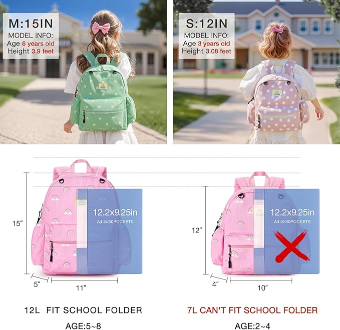 STEAMEDBUN Corduroy Toddler Backpack for Girls 2-4: Kids backpack for Girls - 12 inch Preschool Kindergarten Backpacks - Rainbow