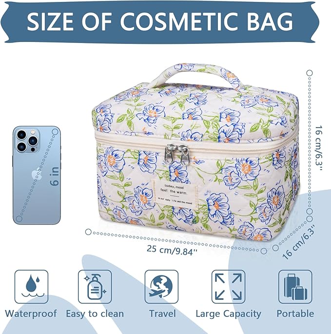 Gosect Large Makeup Bag, Cute Cosmetic Bag for Women Girls, Floral Coquette Aesthetic Toiletry Bag, Travel Make Up Organizer Bag (light blue)