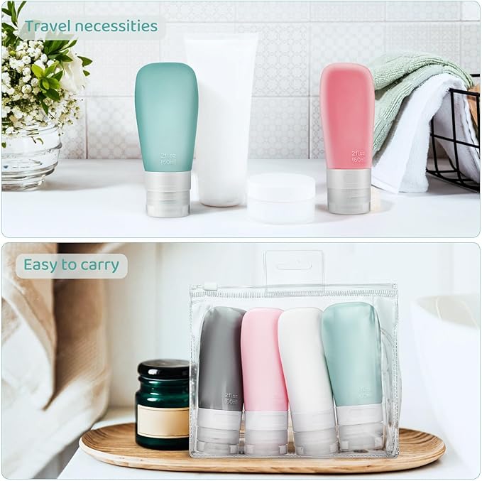 4 Pcs 60ml Travel Squeeze Bottles for Toiletries, Refillable Pvc Sample Bottles with Caps, Leakproof Dispenser Containers for Shampoo, Lotion, and Liquid Packing