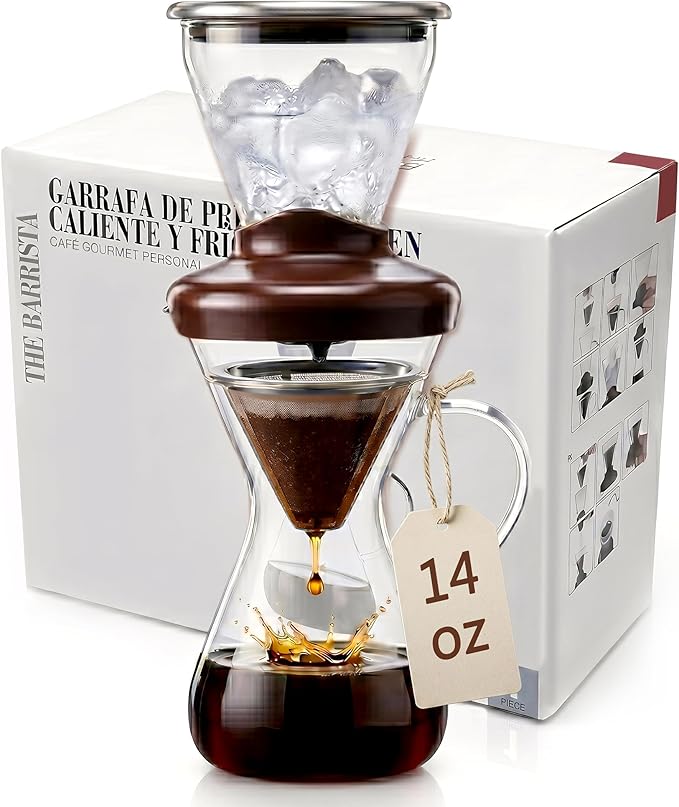Blue Horizon Hot & Iced Coffee Maker 14oz – Pour Over Coffee Dripper with Temperature Resistant Glass Carafe & Stainless Steel Reusable Filter, Single Serve Cold Coffee & Hot Tea Brewer