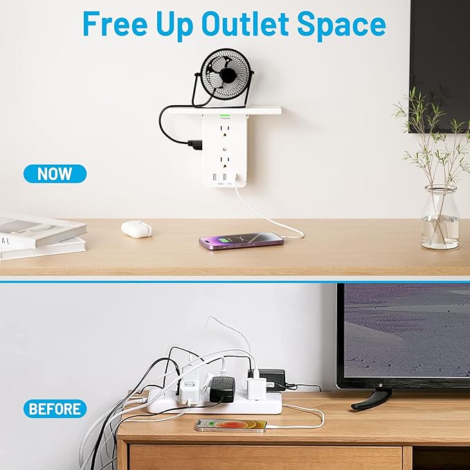 2 Packs 11 Port Surge Protector Wall Outlet,8 Electrical Outlet Extenders and 3 USB Ports 3.4A,with Removable Built-in Shelf，FCC Listed,White