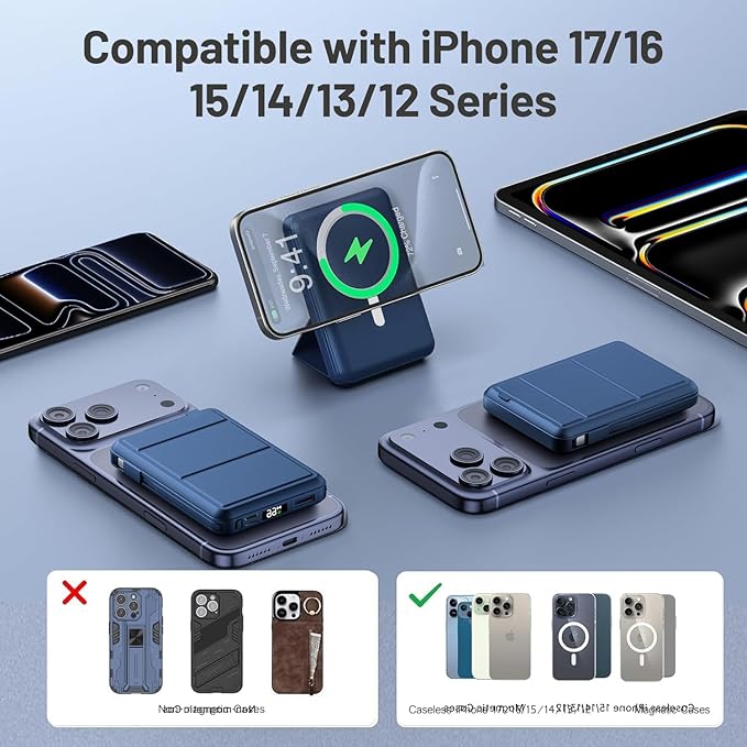 Azmuth for MagSafe Portable Charger, 10000mAh Magnetic Power Bank with 20W PD USB-C Fast Charging LED Display for MagSafe Battery Pack, Magnetic Travel Charger for iPhone 17/16/15/14/13/12 Series