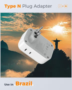 TESSAN Brazil Plug Adapter 2 Pack, 7 in 1 US to Brazil Power Adapter with 3 USB Ports (1 USB-C PD 20W Port) 4 American Outlets, Type N Travel Adaptor for USA to Brazilian