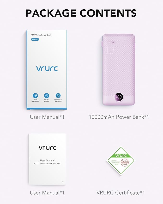 VRURC Portable Charger Built-in Cables and AC Wall Plug,USB C Power Bank 10000mAh, Travel Essentials Phone Charger Compact Lightweight External Battery Pack for Smart Phones, Tablets etc (Purple)