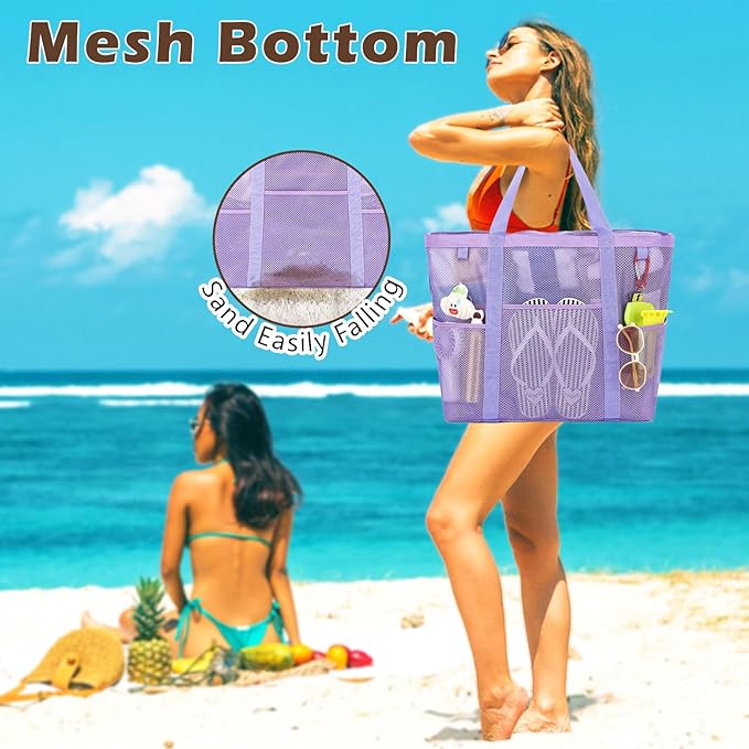 Fammart Mesh Beach Bag with Zipper, Large Beach Tote for Women, Toys Pool Swim Bag Travel Vacation Cruise Essentials