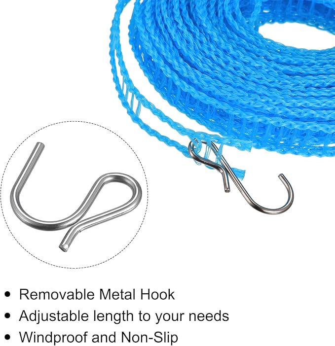 uxcell Portable Clothesline, 26.24ft Nylon Windproof Non-Slip Washing Line Rope for Courtyard Outdoor Travel Camping Laundry Drying, Blue