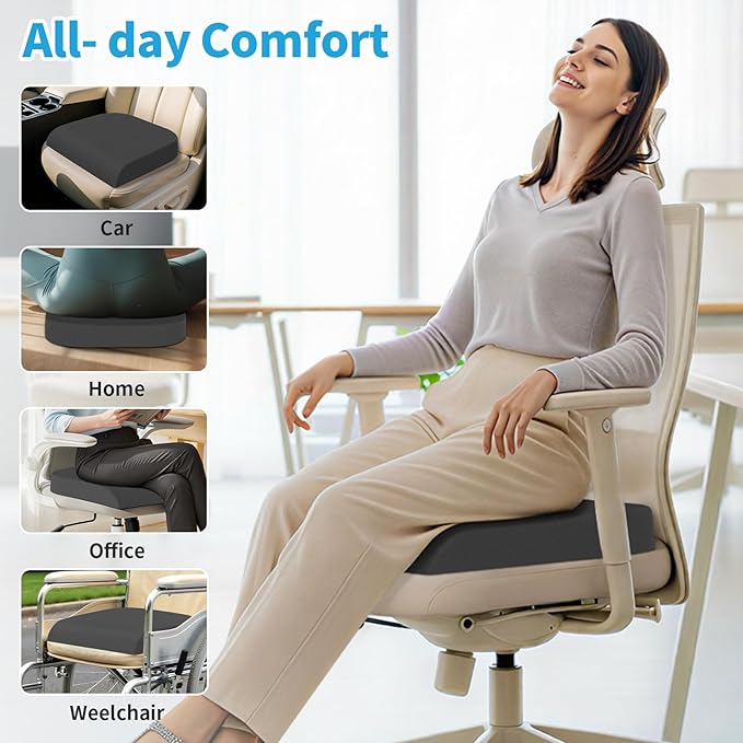 TranquilRelax XLarge Seat Cushion, Soft Foam Cushion for Long Sitting Hours on Office Chair, Home & Car, Non-Slip Chair Pad for Relieving Back & Sciatica & Hip & Coccyx Pain (Grey)