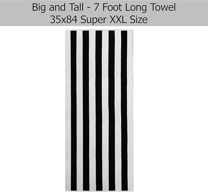 COTTON CRAFT Oversized XXL Beach Towel - 2 Pack 35x84 - The Big Kahuna 7 Foot Extra Large Beach Blanket Towel - Big & Tall - Huge 100% Cotton Velour Soft Luxury Pool Bath Towel - Cabana Stripe Black