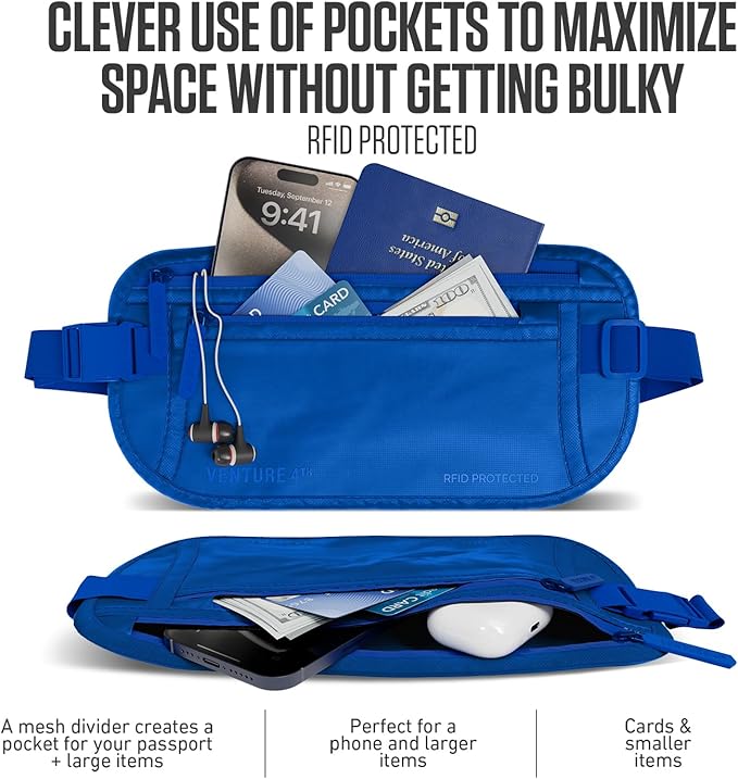 VENTURE 4TH Money Belt for Travel – Slim Hidden Under-Clothes RFID Blocking Anti-Theft Passport Holder & Travel Wallet Pouch for Men & Women to Protect Cash, Cards & Documents (Sleek Blue)